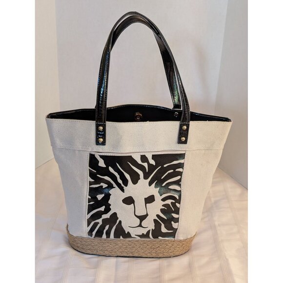 Anne Klein Canvas Tote Bag Patent Leather Handles Rope Trim W/ Accessory Pouches - Picture 2 of 16